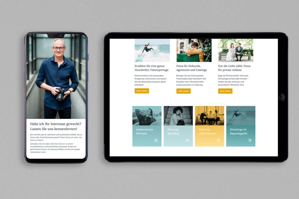 Wordpress Website im Corporate Design für einen Kölner Fotografen, Ansicht auf Handy und Tablet