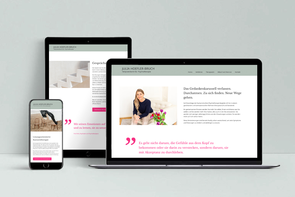 Responsive Website für eine psychotherapeutische Praxis in Köln auf Laptop, Tablet und Smartphone