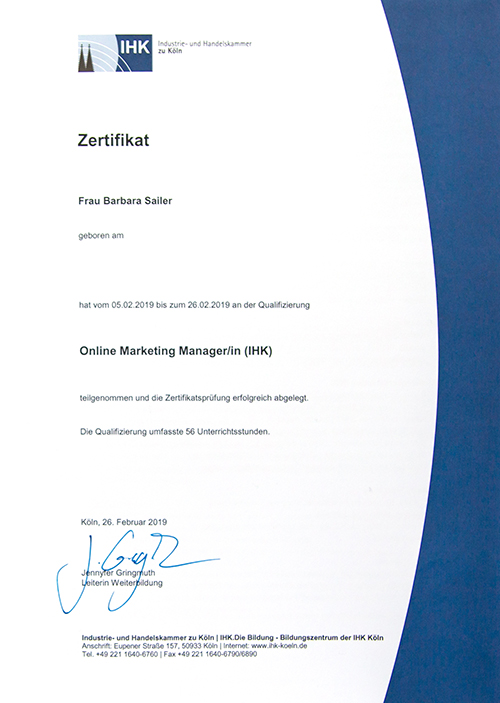 Online Marketing Manager Zertifikat der IHK Köln