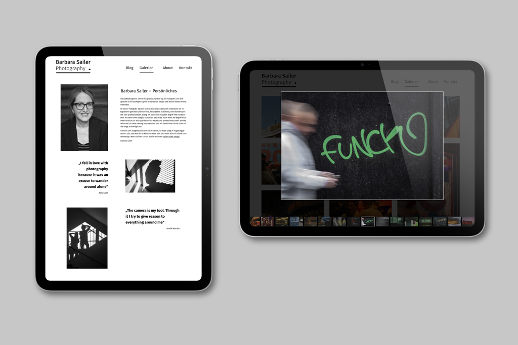Darstellung einer Fotowebsite auf einem Tablet mit About-Seite und Fotogalerie – Beispiel für Webdesign und Umsetzung für Fotograf:innen in Köln.