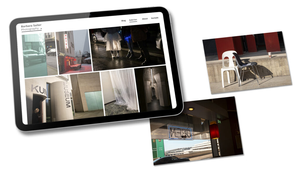 Layflat mit Tablet zeigt das Design einer Fotowebsite, daneben liegen drei Fotoabzüge mit Streetfotografie – Beispiel für Webdesign und Branding für Fotograf:innen in Köln