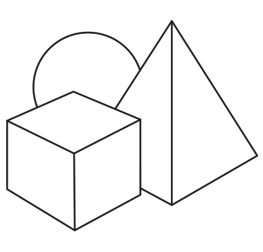 Icon mit Würfel, Kugel und Pyramide – Symbol für Designgrundlagen und Gestaltungselemente